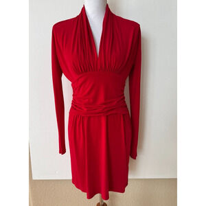 Boston Proper Andrea Behar Sz Small Dress Ruched Red Cocktail Dress Knit V Neck
